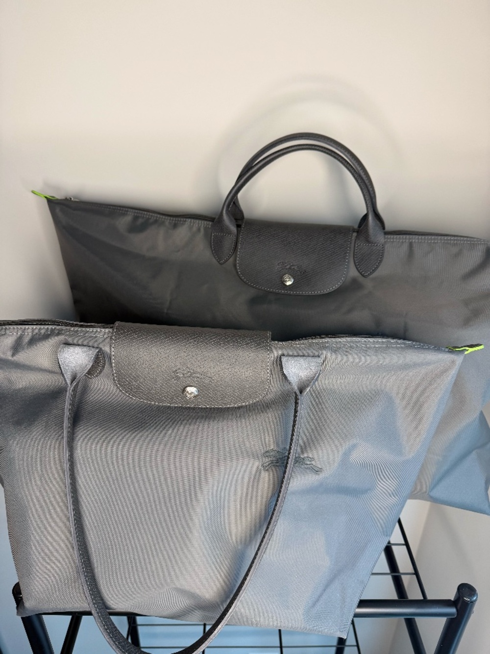 Authentic Longchamp Graphite/Le Pliage Green Graphite Travel Set (Tote + Duffel)
